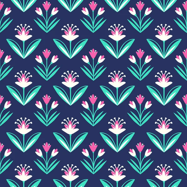 Motif sans couture avec ornement floral décoratif sur fond bleu foncé — Image vectorielle