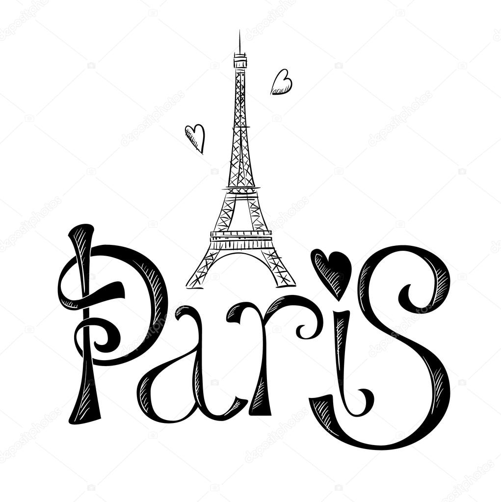 Hand drawn illustration with Eiffel tower. Paris. 