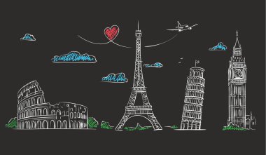 Hand drawn sights of Europe on blackboard. vector