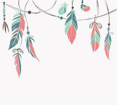 Vintage hand drawn feathers and beads clipart
