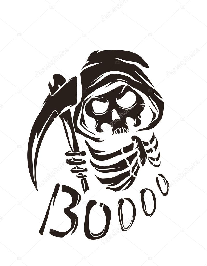 Black vector poster with death character. Halloween greeting card template