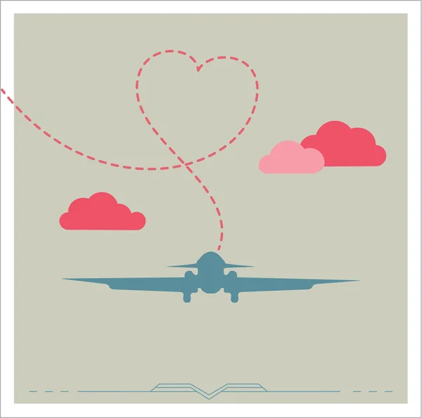 Silueta de un avión con corazón — Vector de stock