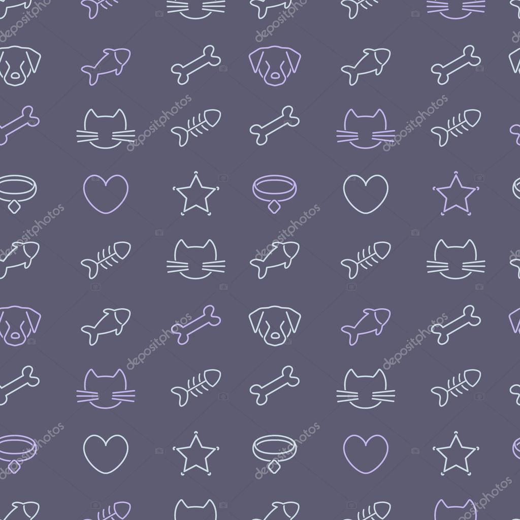 Pets line icons on black background. Vector seamless pattern