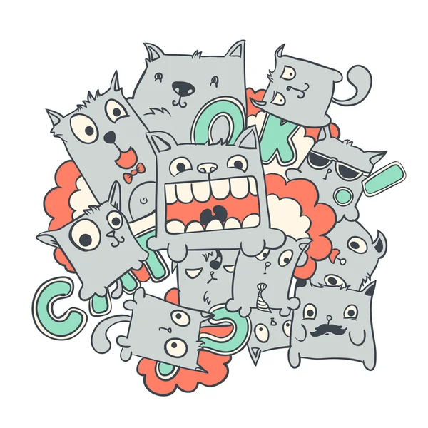 Amuzant doodles pisică, ilustrație vectorială . — Vector de stoc