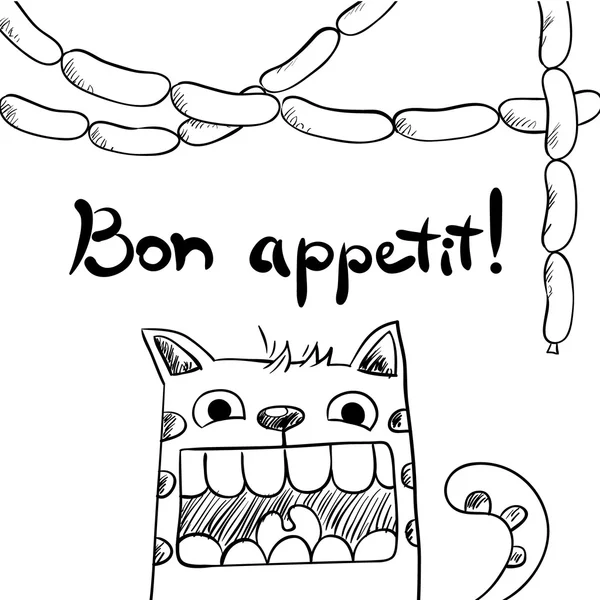 Ескізний кіт з ковбасками, пуховим апетитом . — стоковий вектор