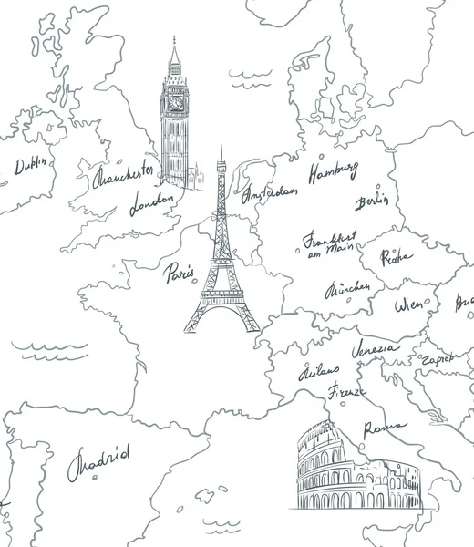 Mapa turístico desenhado à mão com vistas da Europa —  Vetores de Stock