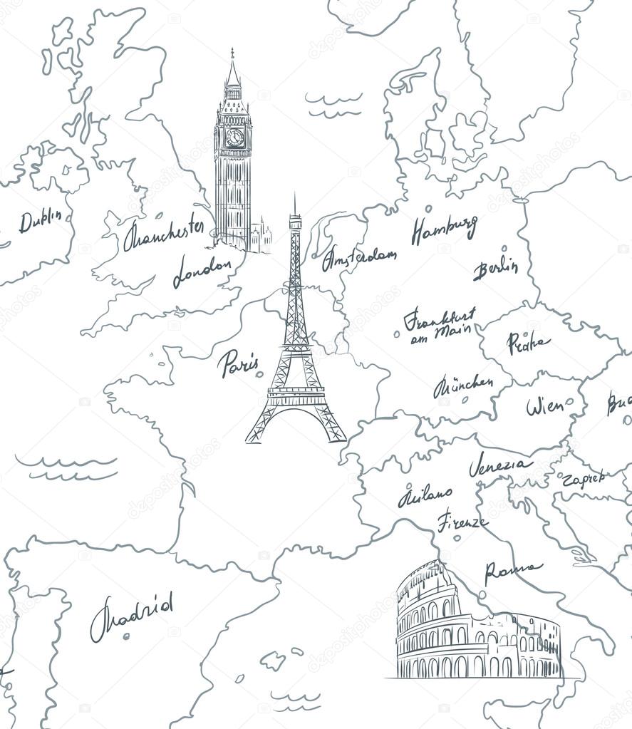 Hand drawn tourist map with sights of Europe — Stock Vector © OlhaM 96280522
