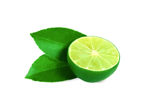 Snijd Een Halve Verse Limoen Met Scherp Groene Bladeren Zure — Stockfoto
