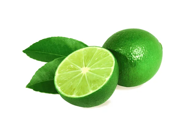 Fresh Green Lime Cut Half Leaves Sharp Pictures Sour Fruit — Stock Photo, Image