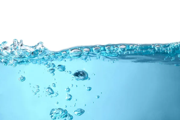 Superficie Gocce Acqua Onde Spruzzanti Blu Trasparente Con Bolle Nella — Foto Stock