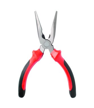 Yeni metal pense, kırmızı ve siyah kauçuk saplı. Elektrik işlerinde bükme, kesme ve kıskaçlama için kullanılır. Onarmak ya da inşa etmek. Beyaz arka planda izole edilmiş. kırpma yolu ile