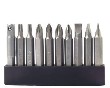 Metal kafayı küçük tornavidalar için ayarla. Birkaç yakın çekim tipi, vida iplikleri için bir çalışma aracı. Kafası çıkarılabilir, beyaz arka planda izole edilebilir..