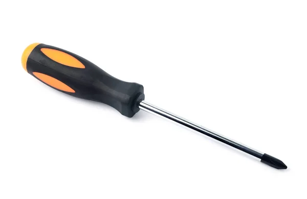 Отвертка Металлический Инструмент Пластиковая Ручка Оранжево Черная Ремонта Изолирована Белом — стоковое фото