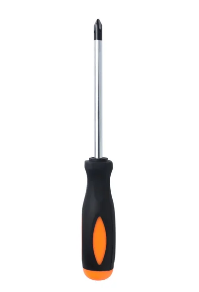 关闭螺丝刀 金属工具 塑料手柄 橙色黑色 用于修理 隔离在白色背景 有快捷方式 — 图库照片