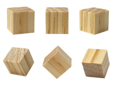 Tahta geometrik kare blok beyaz arka planda izole edilmiş altı uçan parça, küçük çocuklar için oyuncaklar.