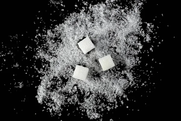 Detailní Záběr Obdélníkových Bílých Kostek Cukru Izolovaných Černém Pozadí Horní — Stock fotografie
