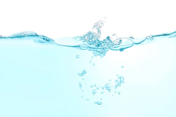 Onda Água Respingo Limpo Azul Bolhas Isoladas Fundo Água Branca — Fotografia de Stock