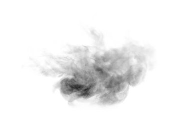 Buhar dumanı ya da yukarıda yükselen soyut siyah duman. Girdabı görebilen su damlacıkları. Beyaz bir arkaplanda izole edilmiş