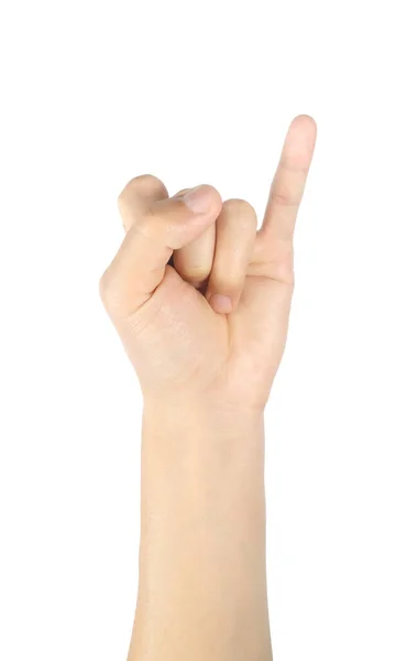 Homem Mão Gestos Símbolos Segurando Pequenos Dedos Isolados Fundo Branco — Fotografia de Stock