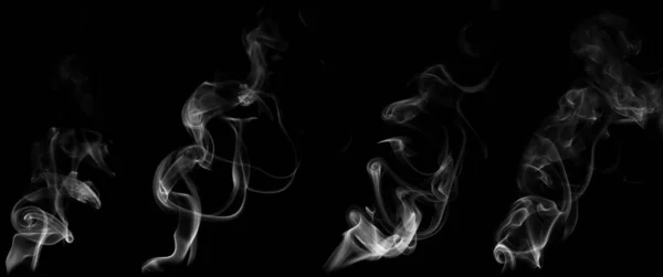 设置白烟群的涡旋运动 抽象线隔离在黑色背景上 — 图库照片