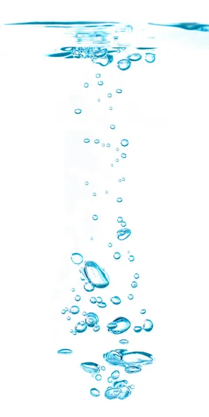 蓝色的氧气气泡 清澈的液体 气泡在水面上流动 白色背景隔离 — 图库照片