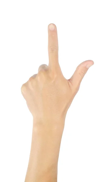 Finger Pointing Gesture Left Hand Masculine Sign Isolated White Background — Stock Photo, Image