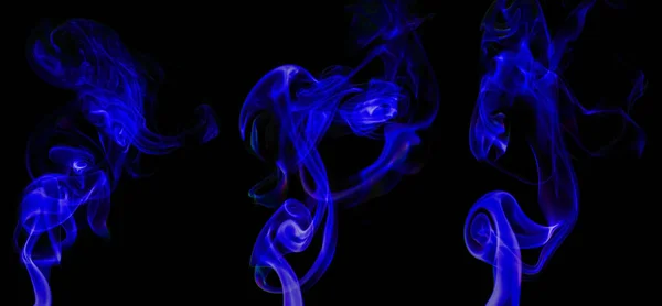 Колекція Закручування Руху Синього Диму Групи Абстрактна Лінія Ізольовані Чорному — стокове фото
