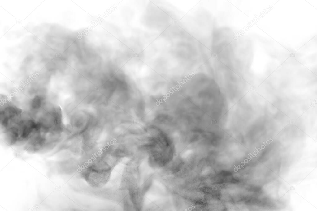 Close-up of steam or abstract black smog rising above. water droplets that can be seen that swirl beautifully from humidifier spray. Isolated on a white background