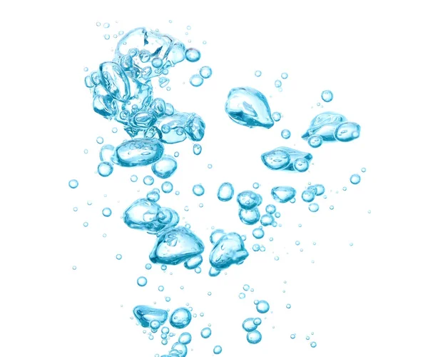 白い背景に隔離された水面上に泡が流れる水中の澄んだ液体中の泡ソーダと青い酸素空気 — ストック写真