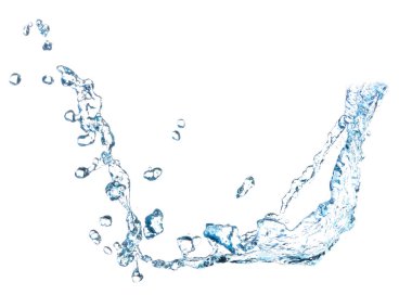 Mavi su, beyaz arka planda izole edilmiş güzel, temiz su sıçratır.