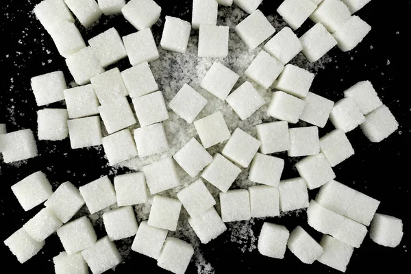 Detailní Záběr Obdélníkových Bílých Kostek Cukru Izolovaných Černém Pozadí Horní — Stock fotografie