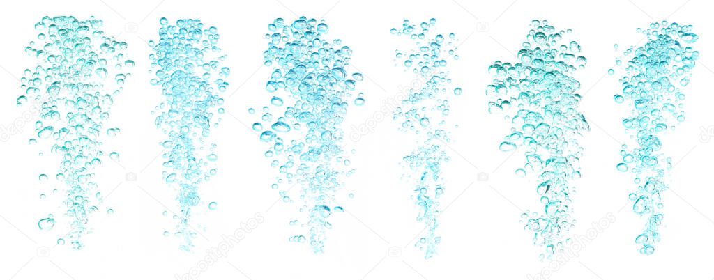 collection water bubble blue oxygen air, in underwater, clear liquid with bubbles flowing up on the water surface, isolated on a white background