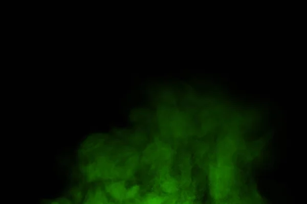 Close Floating Green Steam Smoke Spray Isolated Black Background — Stock Photo, Image