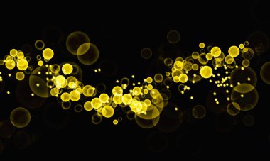 Soyut altın rengi bulanık bokeh çizimi. Koyu ışık çerçevesi, güzel parlaklık. Kopyalama alanı olan siyah bir arkaplanda izole edilmiş