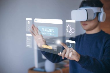 Sanal gerçeklik kavramına sahip yapay zeka ajanları insanoğlunun VR kulaklık kullandığını gösteriyor, otomasyon için dijital arayüz, makine eğitimi, gelecekteki iş teknolojisi çözümlerinde zekice yenilikler. akıllı yapay zeka oluşturur