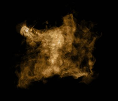 Siyah arka planda izole edilmiş altın duman veya toz bulutu, lüks tasarım için mükemmel soyut sanat, yaratıcı efektler, reklamcılık, şenlik dekorasyonu ve yüksek çözünürlüklü dijital grafik projeleri.