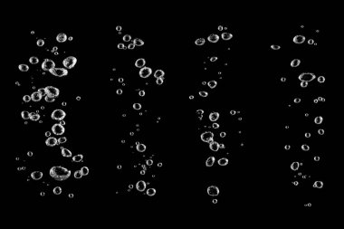 Siyah arka planda izole edilmiş gerçekçi su kabarcıkları, yaratıcı tasarım, reklam, içecek markalaşması ve su altı kavramları için mükemmel. Yüksek çözünürlüklü şeffaf efekt.