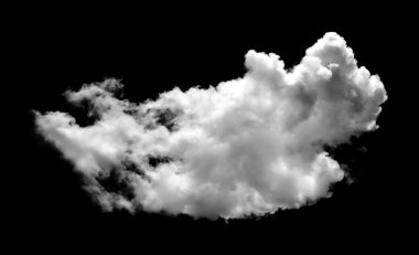 Tek gerçekçi beyaz bulut siyah arkaplanda izole edilmiş, fotoğraf düzenleme, gökyüzü tasarımı, hava durumu, fantezi sahneleri ve yüksek çözünürlüklü yaratıcı dijital sanat eserleri için mükemmel..