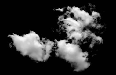 Siyah arkaplanda beyaz bulut şekilleri izole edilmiş, gökyüzü tasarımı, fotoğraf düzenleme, hava durumu, fantezi sahneleri ve yüksek çözünürlüklü yaratıcı dijital sanat eserleri için mükemmel..