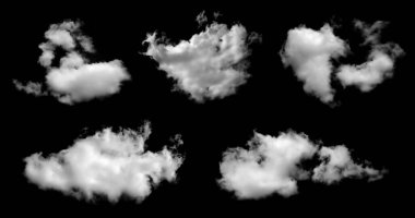 Siyah arkaplanda izole edilmiş beyaz bulut şekilleri, gökyüzü tasarımı, fotoğraf düzenleme, hava durumu, fantezi sahneleri ve yüksek çözünürlükteki yaratıcı dijital sanat eserleri için mükemmel. bulutlu siyah kesim