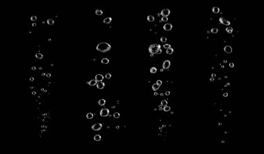Su kabarcığı beyaz oksijeni siyah arka planda izole et. Su yüzeyine kabarcıklar akan temiz su altı sıvısı. Suya hava boşalt