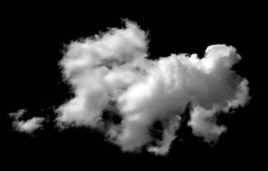 İzole edilmiş siyah bir arkaplanda soyut beyaz kabarık bulut. Hafif bir dokuyla hafifçe süzülür, gökyüzünde dumanla harmanlanır, tasarım kullanılır. Doğada bulutlar şeffaf