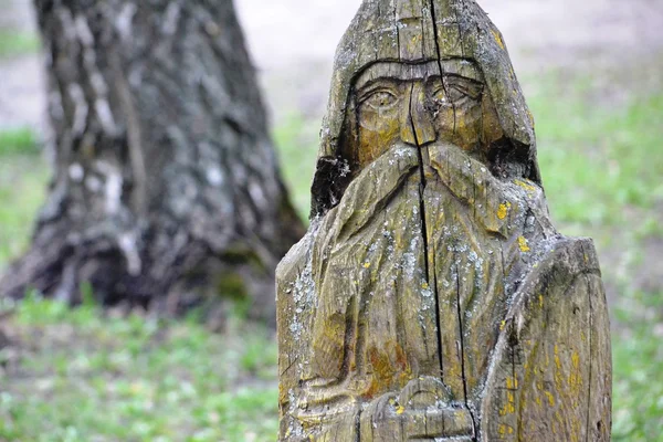 head of wooden pagan idol on the background of birch