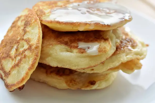 Delicious Homemade Pancakes Condensed Milk Close — Stock Photo, Image
