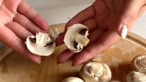 Händer visar skuren svamp champinjoner — Stockvideo