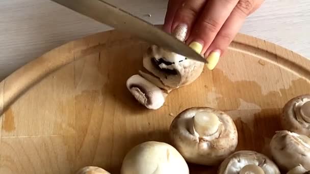 Mains montrer champignons coupés — Video