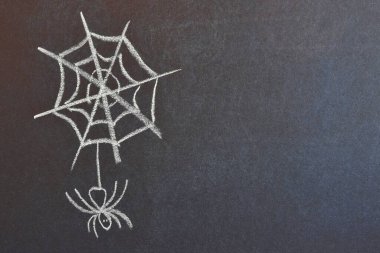 Okulun karatahta örümcek ağına tebeşirle örümcek ağı çizmek. Metin için boş alan. Cadılar Bayramı