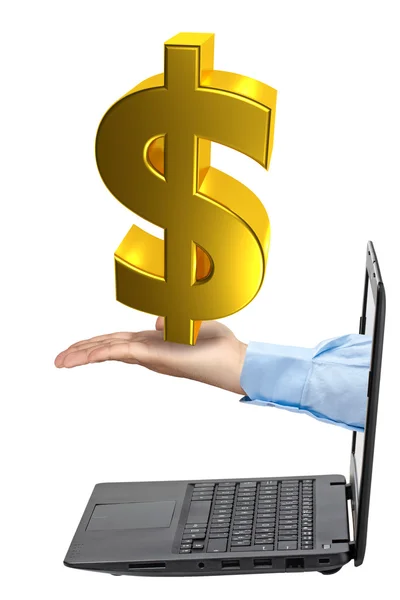 Gouden dollar uit laptop geïsoleerd — Stockfoto