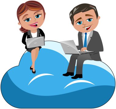İşadamı ve işkadını laptop ile izole bulut üzerinde çalışma