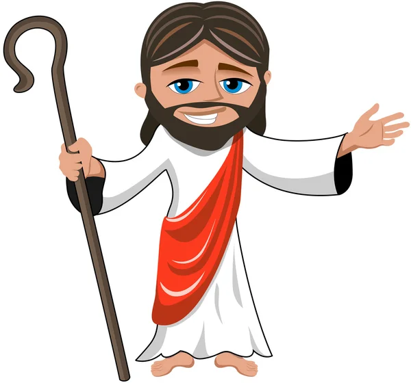 Мультфильм улыбаясь Иисус открывает руку держа палку изолированы — стоковый вектор